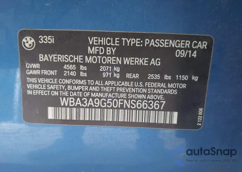 2015 BMW 335I из США, поврежденный, VIN WBA3A9G50FNS66367